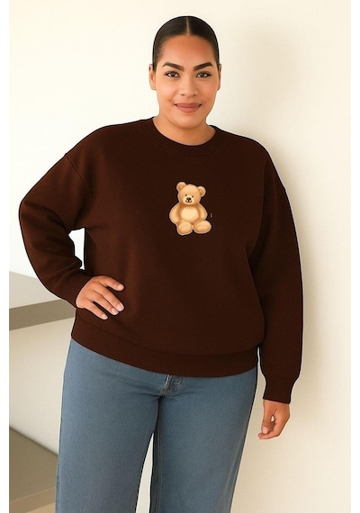 Benroma 3 İplik Penye Ayıcık Baskılı Büyük Beden Unisex Sweatshırt Kahverengi