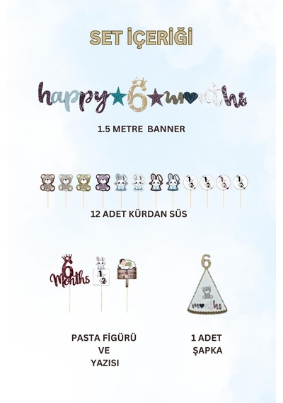 6 Ay Temalı Erkek Bebek Parti Seti 6 Months Banner, Pasta Süsü, Kürdan Süs Ve Parti Şapkası Seti Çok Renkli