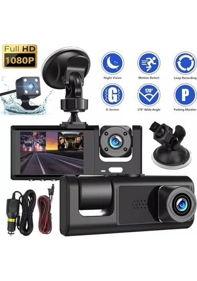 Full Hd 1080p Üç Kameralı Araç Içi Kamera Araba Güvenlik Kamerası Gece Görüşü Ön Geri İç Kayıt Ir Led