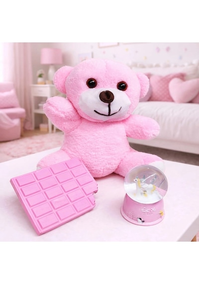 Bay Pembe Peluş Ayıcık, Kar Küresi Ve Pembe Çikolata Not Defteri Hediye Seti Najmaddin Standart