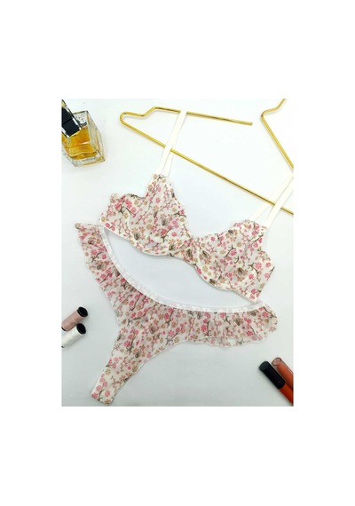 La Linaa Jasmin Beyaz Çiçek Desenli Tanga Külotlu Sütyen Takım Beyaz - 689426661 Beyaz