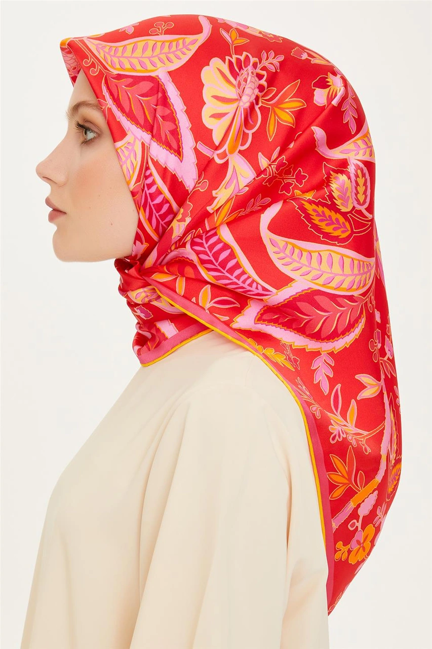 Armine Çiçek Desenli Twill Saf İpek Eşarp 9227d 09 KAhverengi