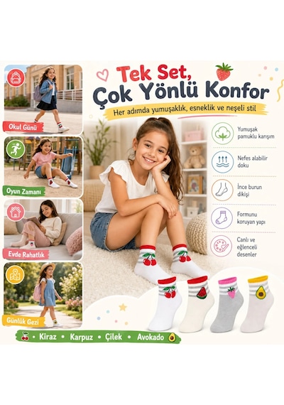 COjans Kız Çocuk Pamuklu 4'lü Meyve Desenli Çorap Kiraz Karpuz Çilek Avokado Günlük Bilek Çorabı Çok Renkli