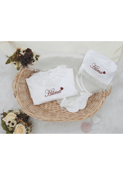 Gros Shop Yeni Doğan Dantelli 3'lü Hastane Çıkış Tulum Seti Kişiye Özgü İs Kahverengi