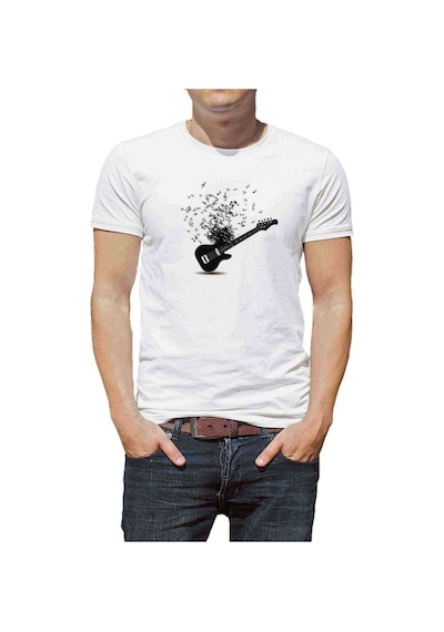 Gitar Notalar Baskılı Beyaz Erkek Tshirt