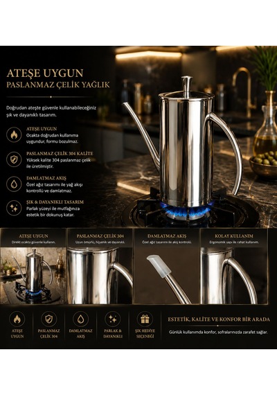 304 Lüks Paslanmaz Çelik Yağdanlık-demlik 700 Ml ,ateşe Uygun & Şık Sofra & Mutfak Kullanımı Çelik 2 Li