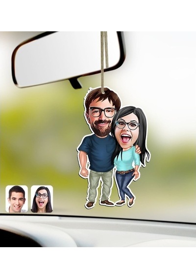 Kişiye Özel Sevgililer Karikatürlü Ahşap Araba Dikiz Ayna Süsü-10 (527061646)