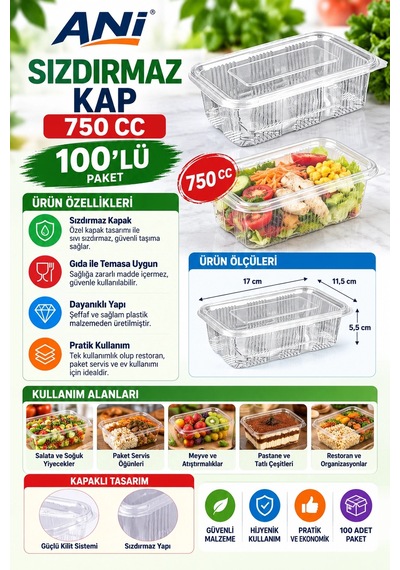 Anı Sızdırmaz Kap 750 Cc 100'lü Ölçü: 193,5 255 51,5 Mm