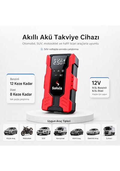 Solvis 4'ü 1 Arada 12v Akıllı Akü Takviye Cihazı, Lastik Şişirme Pompası, Powerbank Ve Led Aydınlatma Çanta Hediyeli