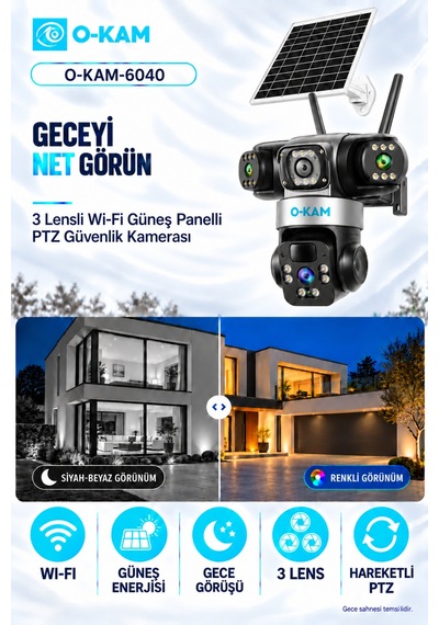 O-kam -6040 Wifi Solar 3 Lens Sirenli 9mp Gece Görüşlü Kamera