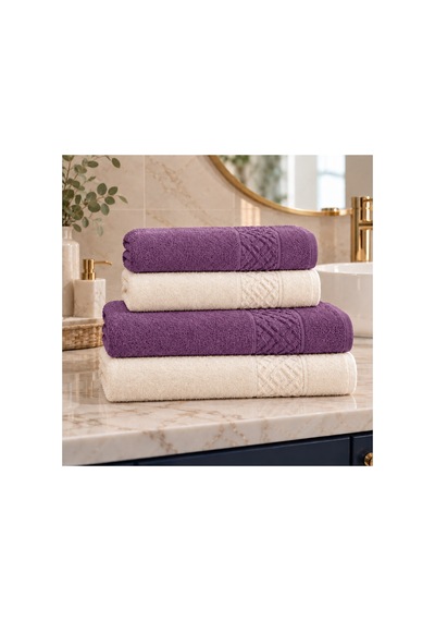4 İü Hamam Seti 50x90 Ve 70x140 Pamuk Jakarlı Lila - Krem