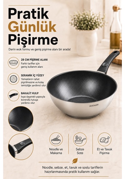 28 Cm Seramik İç Yüzeyli İndüksiyon Uyumlu Paslanmaz Çelik Wok Tava Gümüş