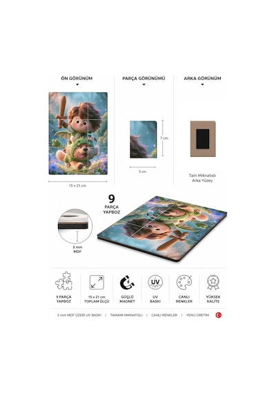 9 Parça Mıknatıslı Yapboz Puzzle 15x21 Cm Uv Baskılı Mdf Magnet Çocuk Eğitici Oyuncak