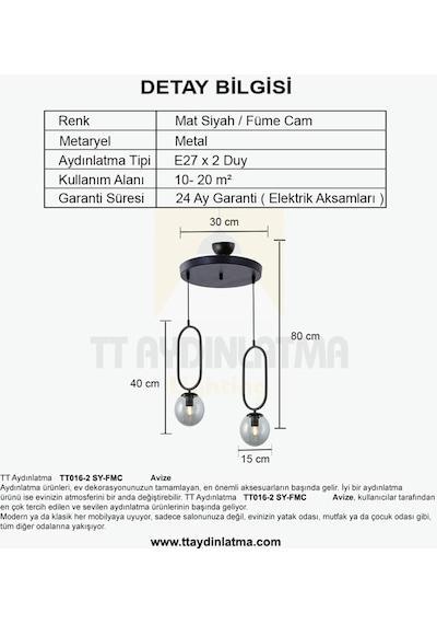 Tt016-2 Sy Tt Aydınlatma Mat Siyah Füme Camlı 2 Li Avize