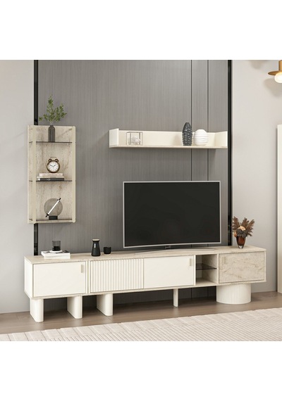Valento Tv Ünitesi + Üst Modül + Cam Raf Modül + Yan Modül Çok Renkli