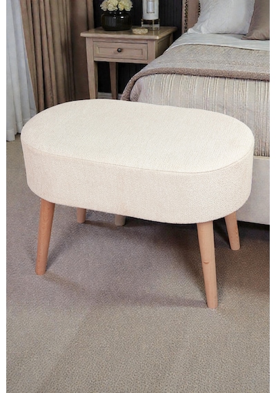 Ahşap Ayaklı Oval Puf Bench Geniş Oturum Alanlı Puf Sandalye - Krem - 60x40 Cm Krem