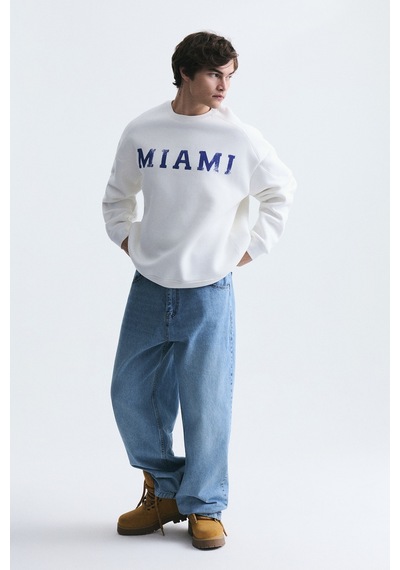 Vamos Miami Baskılı Bisiklet Yaka Sweatshirt Ekru