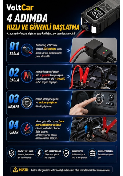 Voltcar Akü Takviye Cihazı Akıllı Araç Lastik Şişirme Kompresörü Powerbank Dijital Ekranlı Taşınabilir Hava Pompası