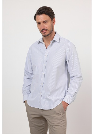 İmza Beyaz - Lacivert Sert Yaka Uzun Kol Cepsiz Slim Fit Pamuklu Gömlek 1004260214