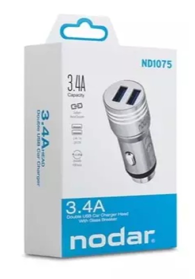 Nodar Nd1075 Araç Şarj Adaptörü 2x Usb 3.4a Metal - Silver Araç Kablosuz Şarj