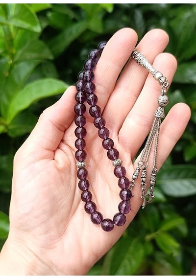 Hdmarketim 33 Lük 8 Mm Ametist Doğal Taşı Küre Kesim Tespih Namaz