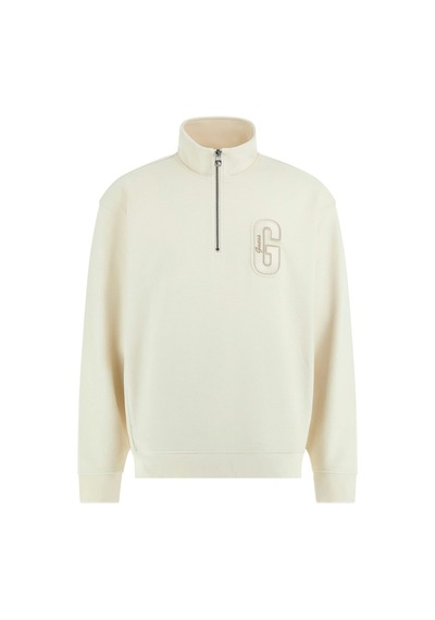 Guess Erkek Dik Yakalı Fermuarlı Aplikeli Sweatshirt - Krem Krem