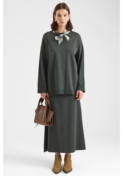 Olcay Fular Detaylı Etekli Triko Takım Haki 9471-tk