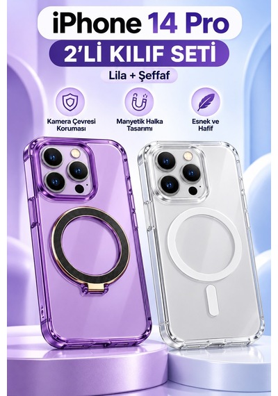 Apple iPhone Uyumlu 14 Pro Kılıf 2'li Set Lila Halkalı Standlı Ve Şeffaf Manyetik Kılıf