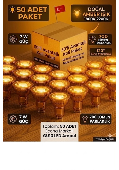 50 Adet Amber 7w Gu10 Duy Led Spot Ampul 50li Koli Paket ,700 Lümen Sıcak & Doğal Amber Işık, Gün Işığı Dekoratif Spot Aydınlatma Seti Uzun Ömürlü Kehribar Renk Spot Ampul