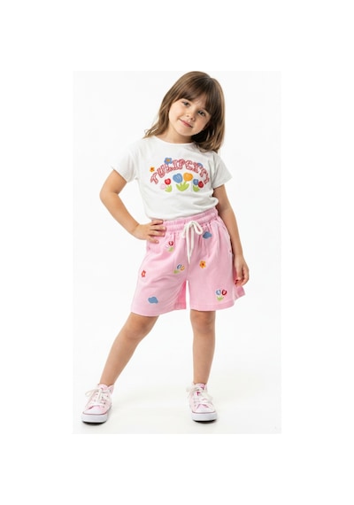 Toontoy Kids Toontoy Kız Çocuk 2'li Şortlu Takım Bisiklet Yaka Kısa Kollu Baskılı Tişört Beli Bağlamalı Baskılı Şort 25034 Ekru