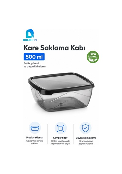 Kare Saklama Kabı 500 Ml Füme Şeffaf Siyah Kapaklı Buzdolabı Kabı Bpa İçermez