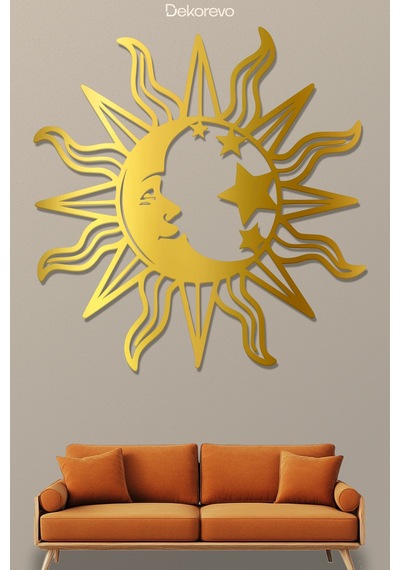 Mistik Kozmos Güneş Ve Ay Metal Duvar Dekoru - Metal Duvar Sanatı - Altın - 30 X 30 Cm