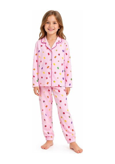 Harıbo Haribo Lisanslı Gömlek Yaka Uzun Kollu Desenli Pijama Takımı Pembe