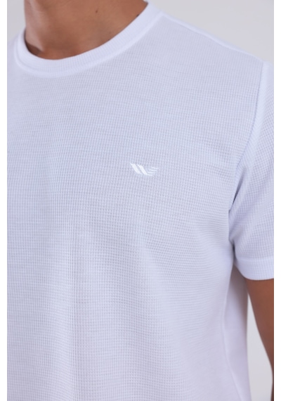 Rowinger Waffle Dokulu Nakış Logo Detaylı Oversize Erkek T-shirt Beyaz