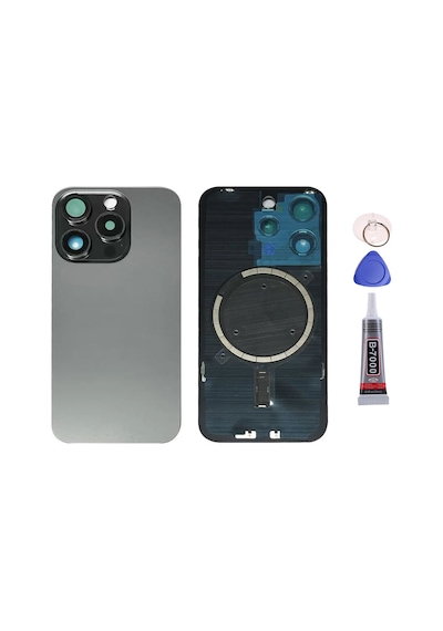 Apple Uyumlu iPhone 15 Pro Siyah Full Nfc Ve Demirli Arka Kapak Batarya Kapağı Pil Kapağı Yapışkan Ve Sökme Aparatıyla Beraber Full Set Siyah