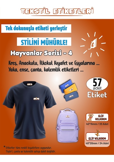 Hayvanlar Serisi - 4 Kreş Anaokulu İlkokul Kıyafet Eşya Yaka Ense İsim Etiketi 57 Adet Karışık