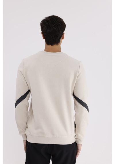 Rowinger Kol Şerit Detaylı Yuvarlak Yaka Göğüs Logolu Rahat Kalıp Mevsimlik Sweatshirt Beıge