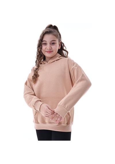 Unisex Çocuk Kapüşonlu Sweatshirt Rahat Günlük Spor Giyim Oversize Model Krem Renkli Bej