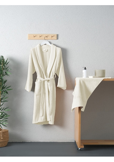 Tuwa Unisex Pamuklu L Beden Tekli Bornoz Seti Ekru
