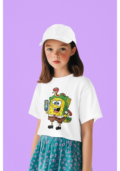 Sevbano Tasarım Süngerbob Baskılı Unisex Çizgi Film Çocuk Tişört 1-12 Ya Beyaz