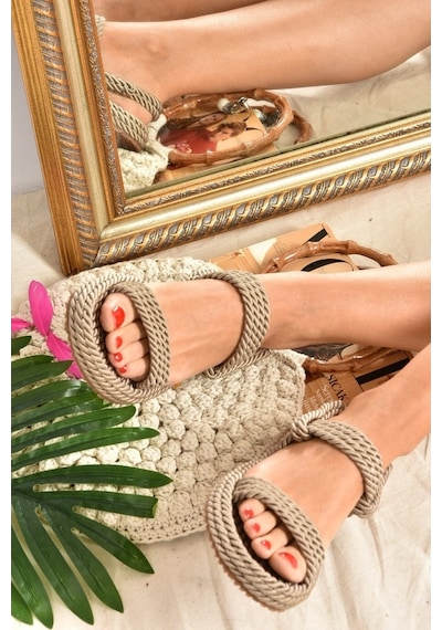 Fox Shoes Vizon Halat Ipli Hasır Kadın Sandalet K596012104