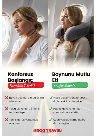 Viscofoam Lux Ortopedik Seyahat Yastığı Visco Boyun Destekli Seyahat Yastığı - Gri| Ergo Travel