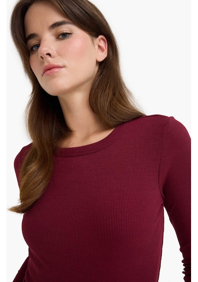 Defacto Slim Fit Dar Kesim Basic Düz Fitilli Kaşkorse Uzun Kollu Tişört E5767ax25aubr115 Bordo