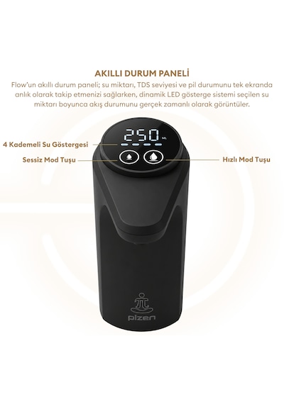 Pizen Flow Usb Şarjlı Otomatik Damacana Su Pompası Tds Ölçer 250ml 500ml 1l 2l Ölçü Özellikli Siyah