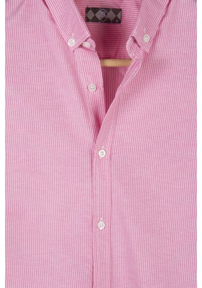 Erkek Pembe Kalın Dik Çizgili Uzun Kollu Yakası Düğmeli Slim Fit Gömlek Pembe19
