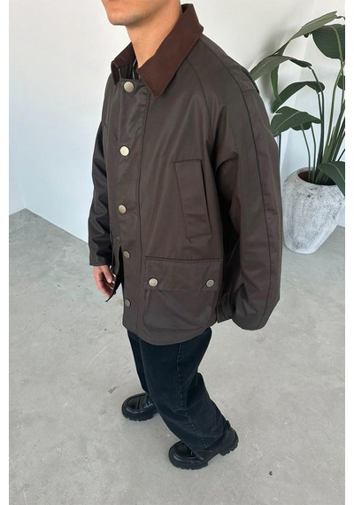 Kahverengi Waxed Çıt Çıt Cep Detay Oversize Ceket Kahverengi