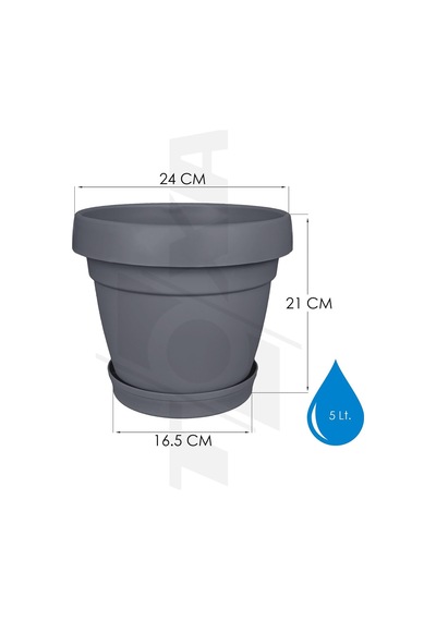 Tabaklı Delikli Plastik Çiçek Saksısı, 24 Cm 5.5 Lt, 1 Adet, Antrasit