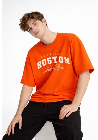 Misa Tahtakale Boston - Baskılı Oversize Tişört Turuncu Çok Renkli