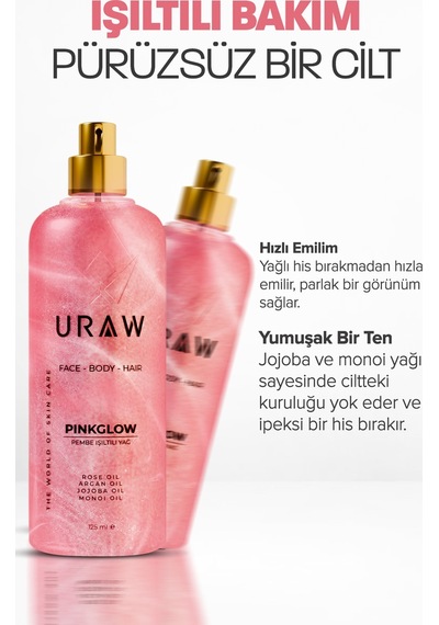 Uraw Pink Glow Yüz Vücut ve Saç İçin Işıltı Veren Bakım Yağı 125 ML