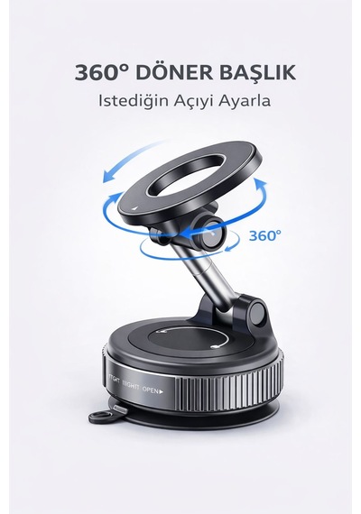 Araç Telefon Tutucu Manyetik Vakumlu Güçlü Tutuş 360 Döner Tek Elle Kullanım Torpido Uyumlu SİYAH,GRİ